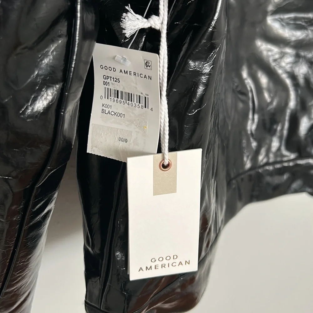 NWT Good American patent vegan leather Trucker jacket. Black, women’s small.